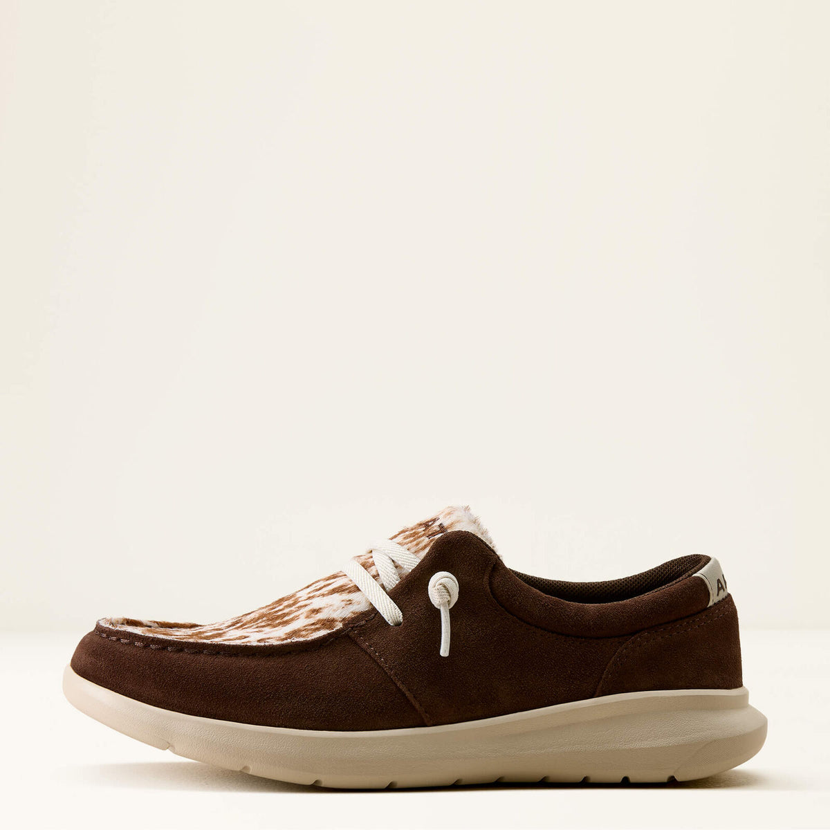 Ariat 10080390 women's Hilo shoe coffee bean suede speckled cow print, side view