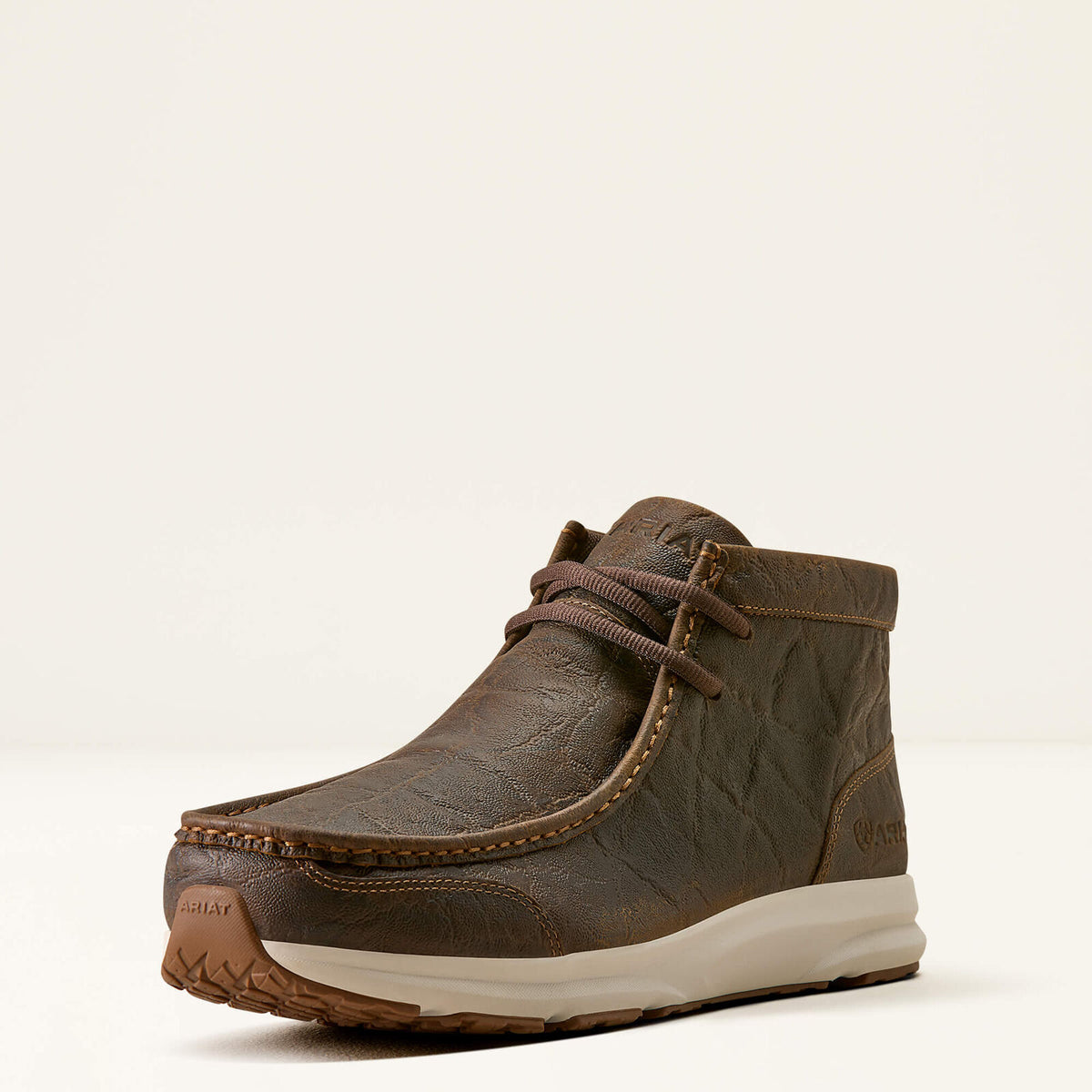 Ariat 10080412 men's Spitfire lace-up moc toe shoe in mahogany elephant print, three-quarter front view