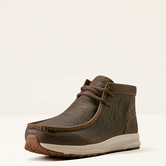 Ariat 10080412 men's Spitfire lace-up moc toe shoe in mahogany elephant print, three-quarter front view