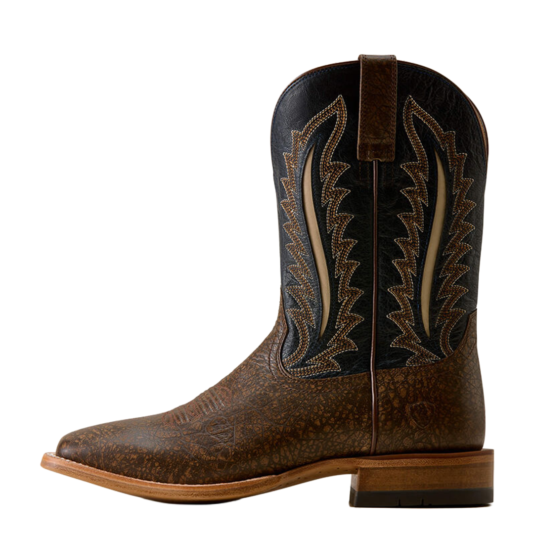 Ariat Gage cowboy boot 10080545, side view showing 11-inch navy shaft with contrast embroidery