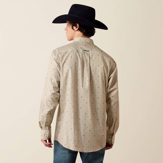 Ariat 10080581 men's Wrinkle Free Sam Classic Fit Shirt in oyster grey western motif print, back view