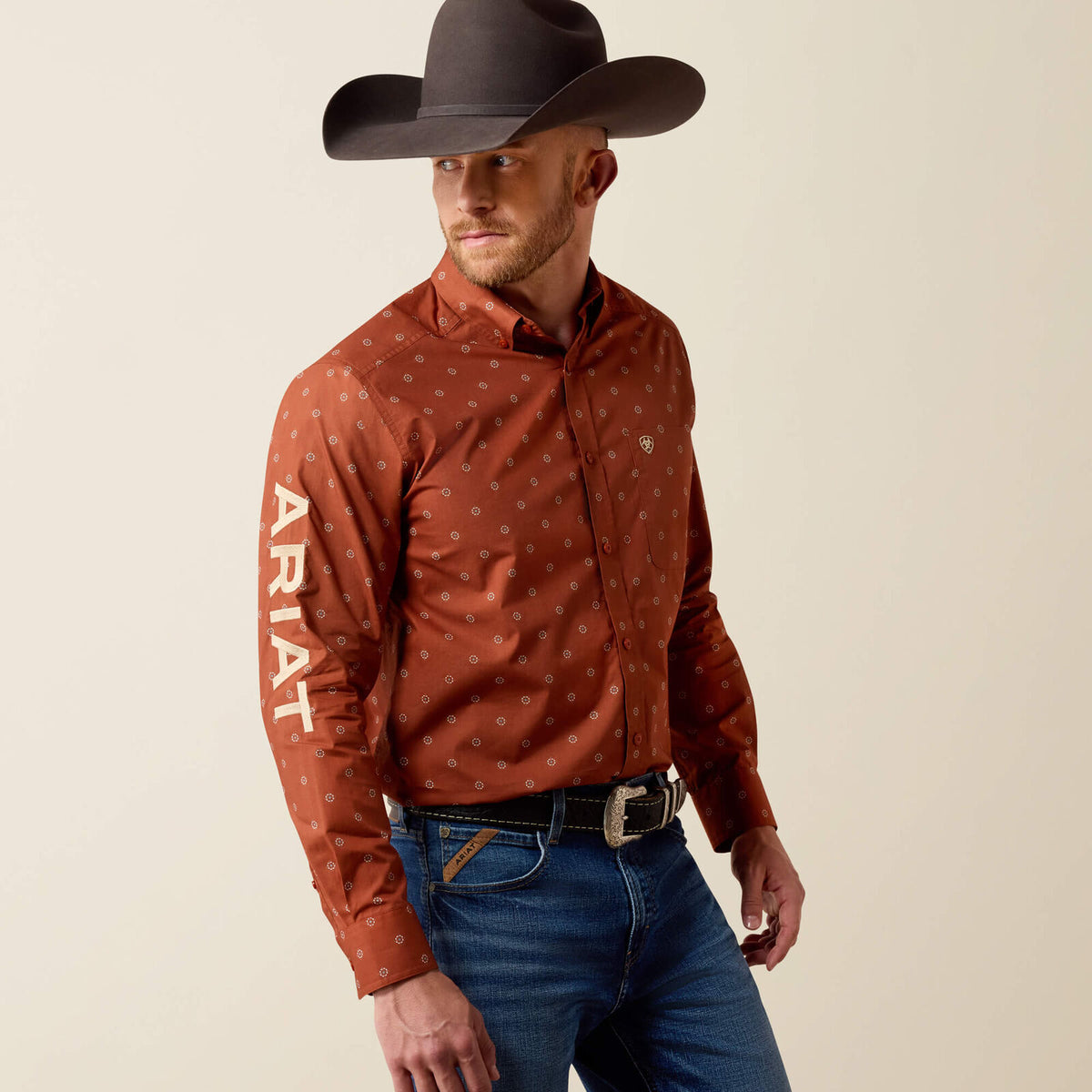 Ariat 10080596 men's Team Dakota classic fit shirt in maple syrup medallion print, front view