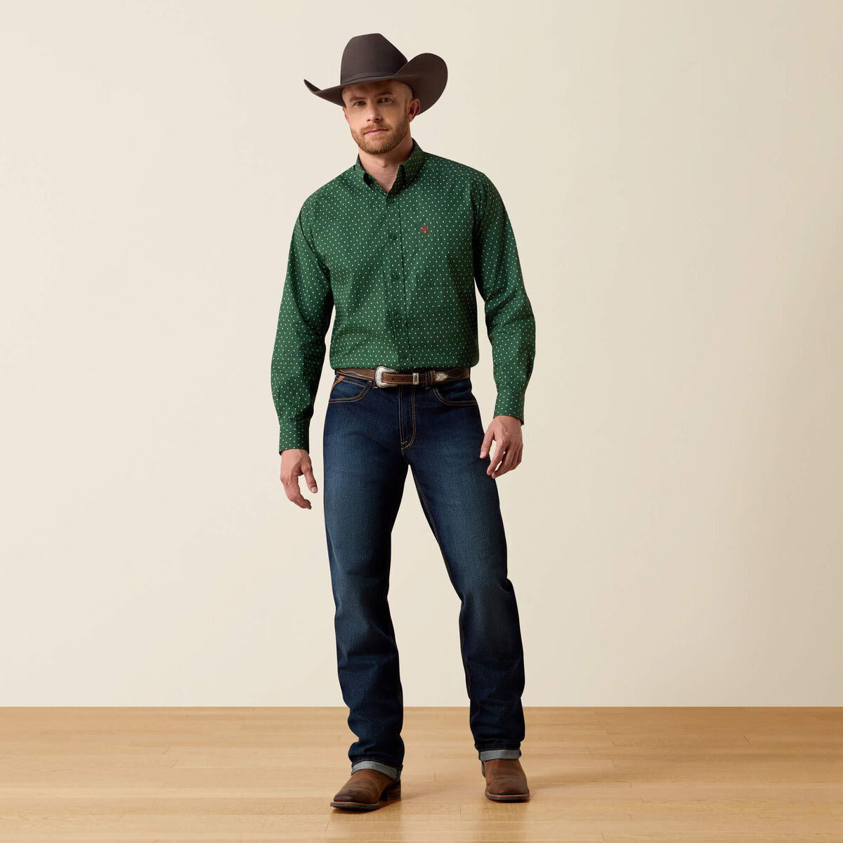 Ariat 10080658 Larkspur classic fit shirt in pineneedle green medallion print, full view
