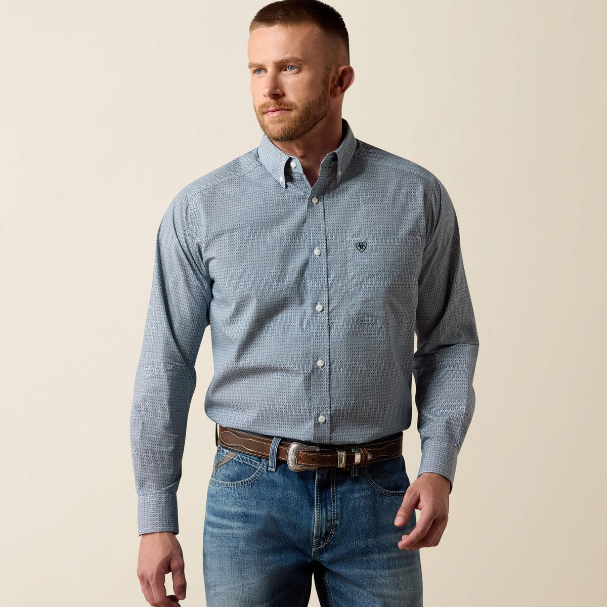 Ariat 10080660 men's Lester classic fit shirt in black/white geo print, front view
