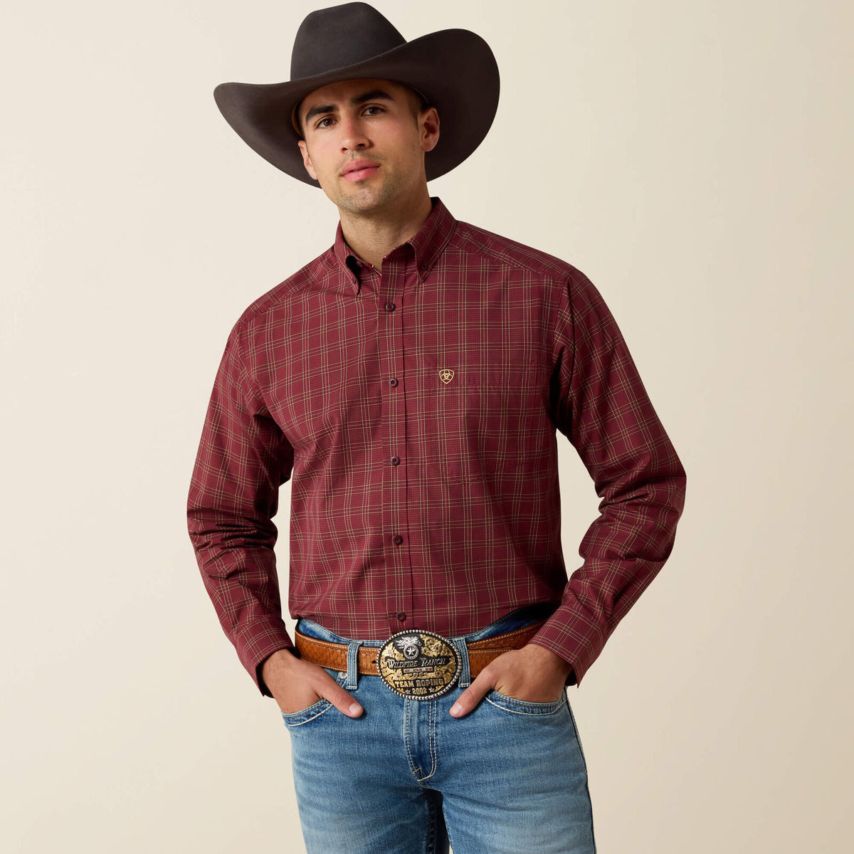 Ariat 10080696 men's Pro Series Dempsey classic fit shirt in biking red medium plaid, front view