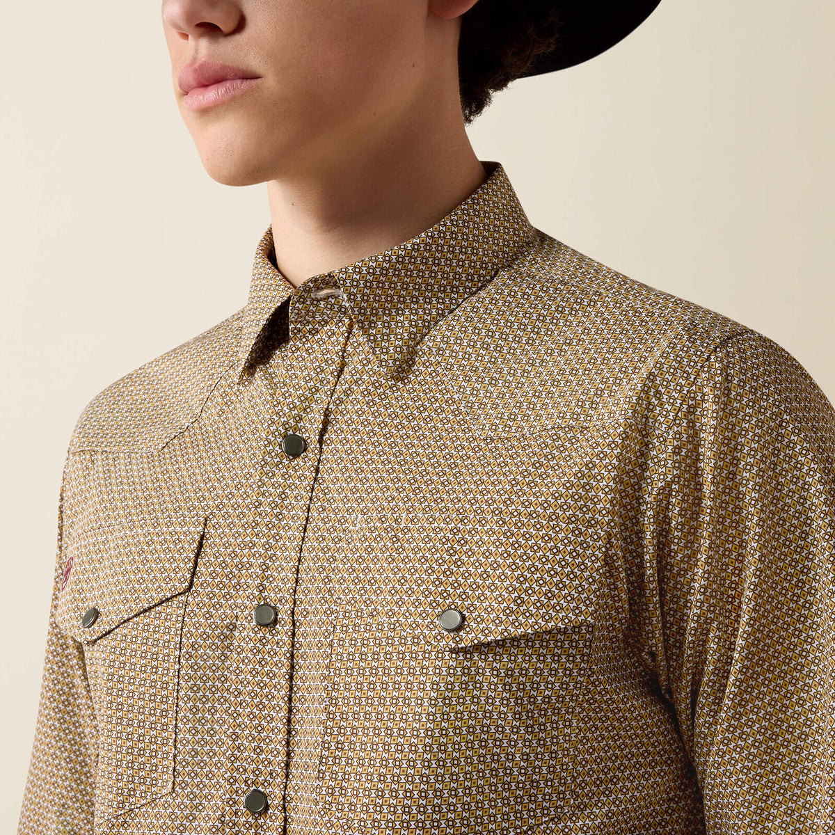 Ariat 10080698 Wrinkle Free Rip classic fit snap shirt in antique gold geo print, view 2