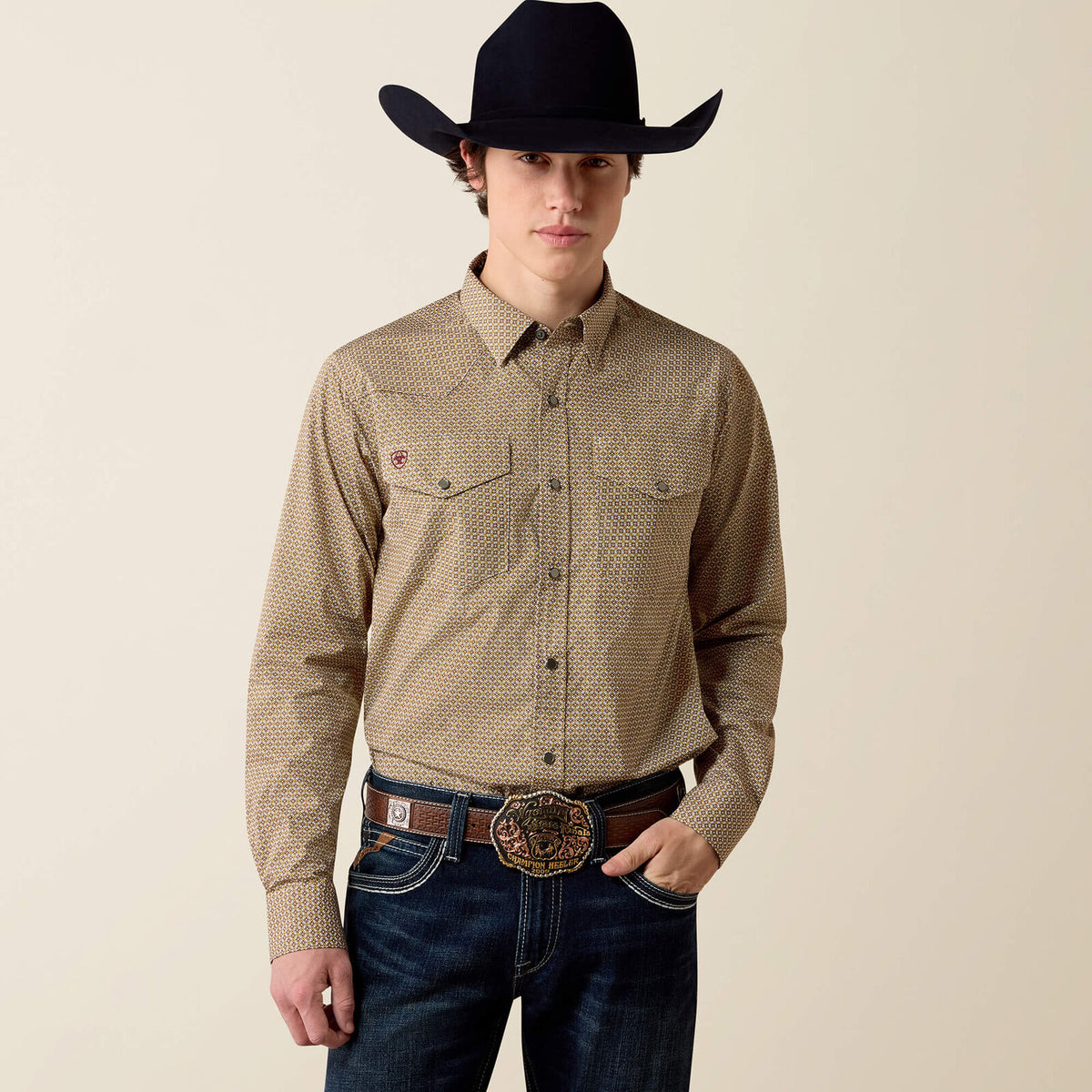 Ariat 10080698 men's Wrinkle Free Rip classic fit snap shirt in antique gold geo print, front view