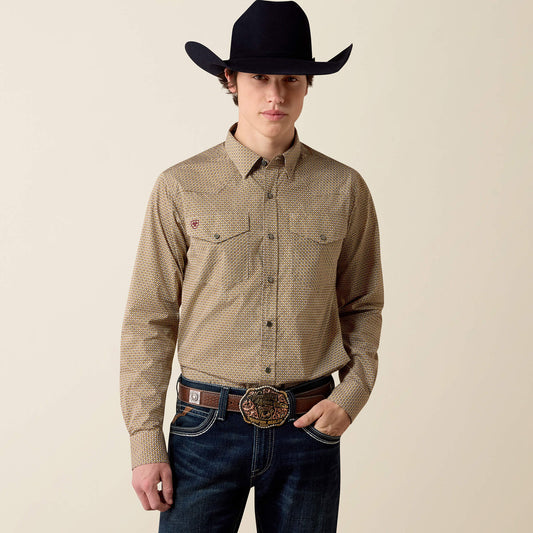 Ariat 10080698 men's Wrinkle Free Rip classic fit snap shirt in antique gold geo print, front view
