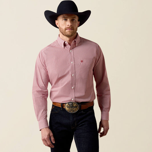 Ariat 10080706 men's Nordin classic fit shirt in Flame Scarlet Geo red geometric print, front view