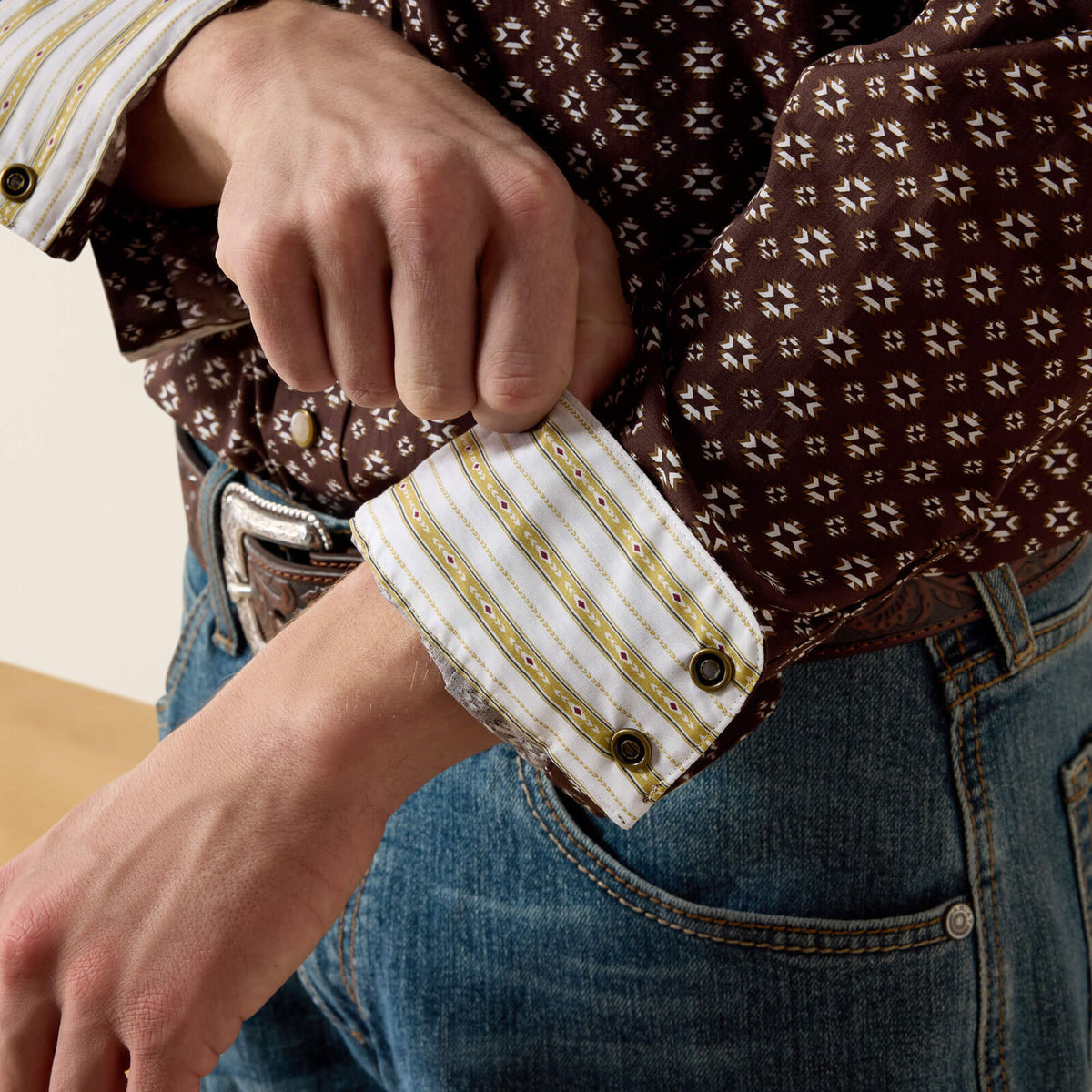Ariat 10080720 Wrinkle Free Rebel fitted snap shirt in coffee bean southwest print, view 2