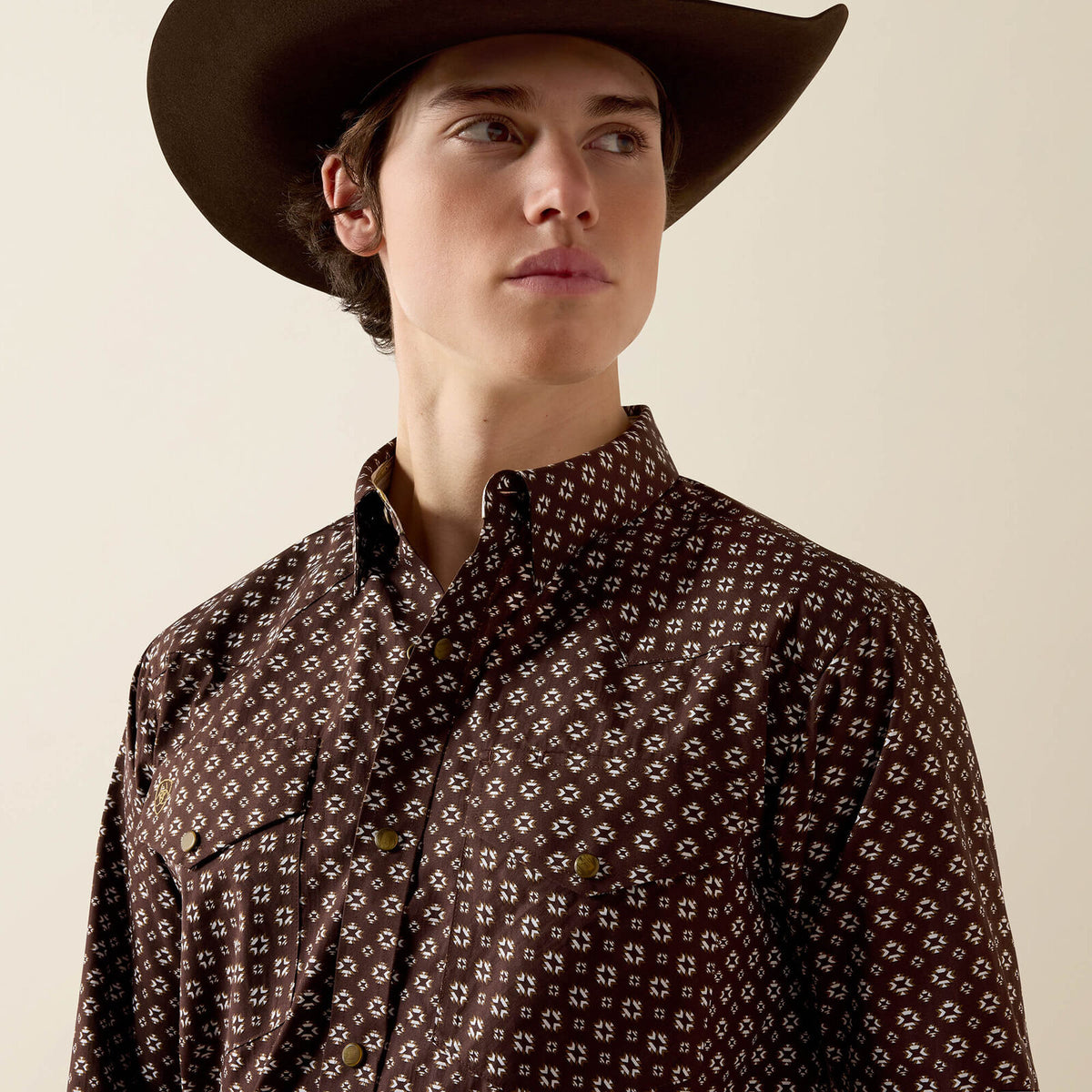 Ariat 10080720 Wrinkle Free Rebel fitted snap shirt in coffee bean southwest print, view 3