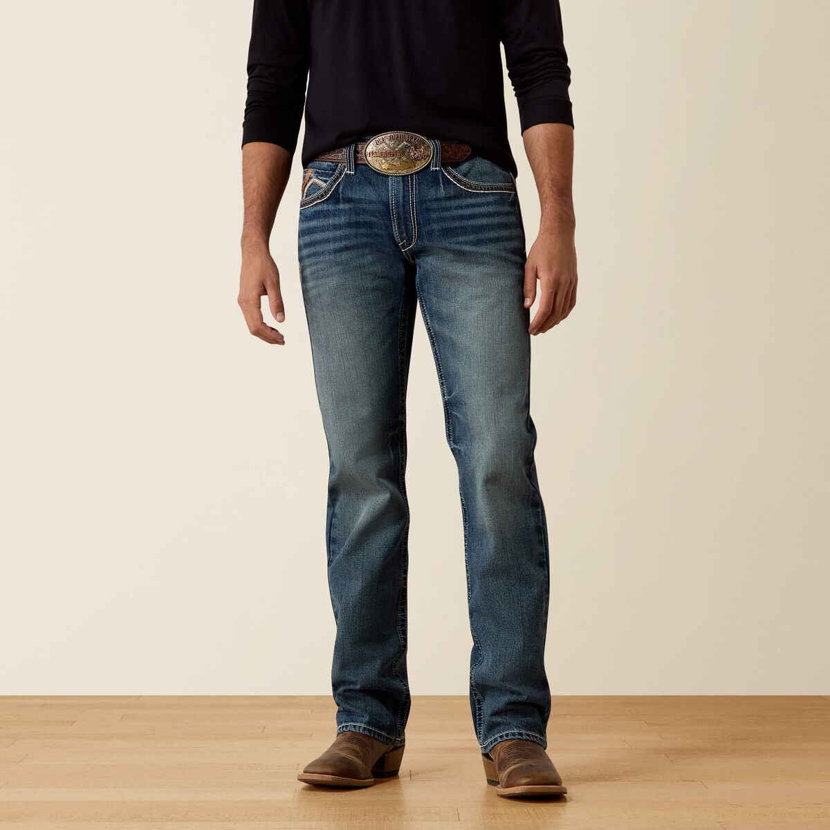 Ariat M5 Reid men's straight fit non-stretch jean in Durango wash, front view
