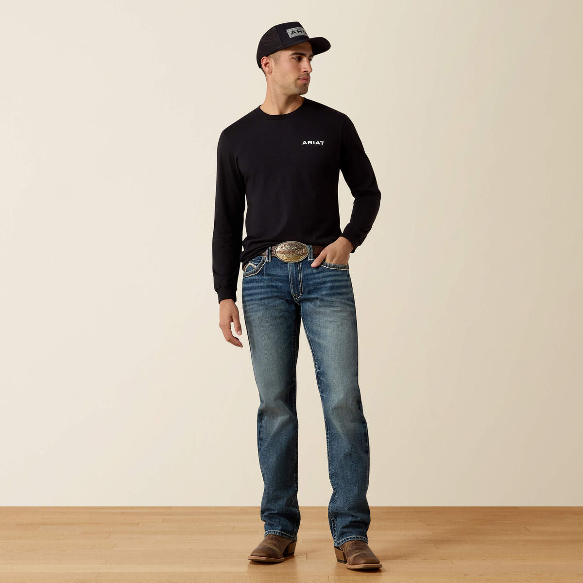 Ariat M5 Reid men's straight leg jean in Durango wash, full length view