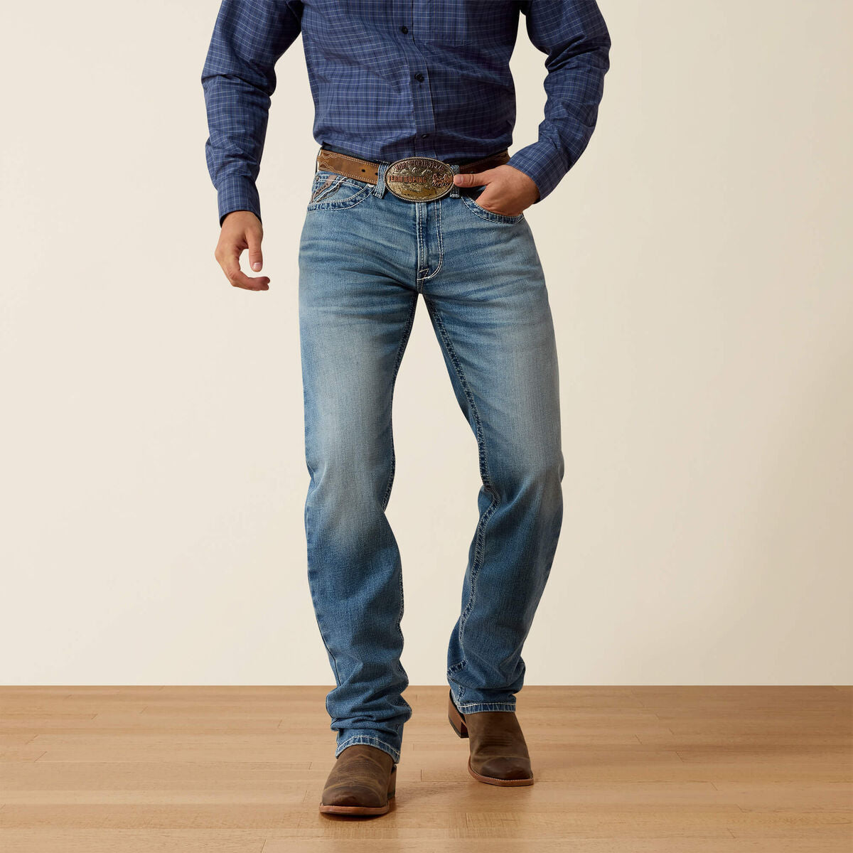 Ariat M2 Beckett men's traditional relaxed stretch boot cut jean in Dax wash, front view