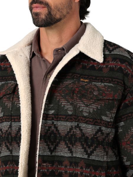 WRANGLER® SHERPA LINED JACQUARD PRINT JACKET IN OLIVE - 112335735