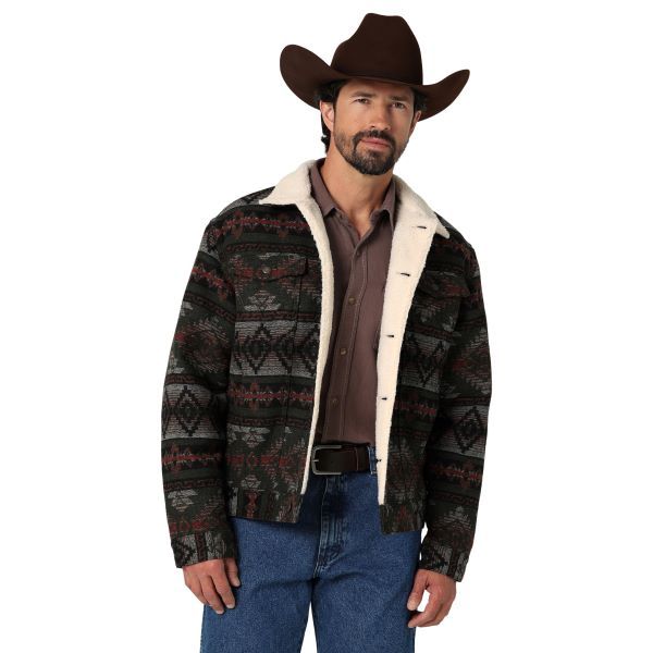 WRANGLER® SHERPA LINED JACQUARD PRINT JACKET IN OLIVE - 112335735