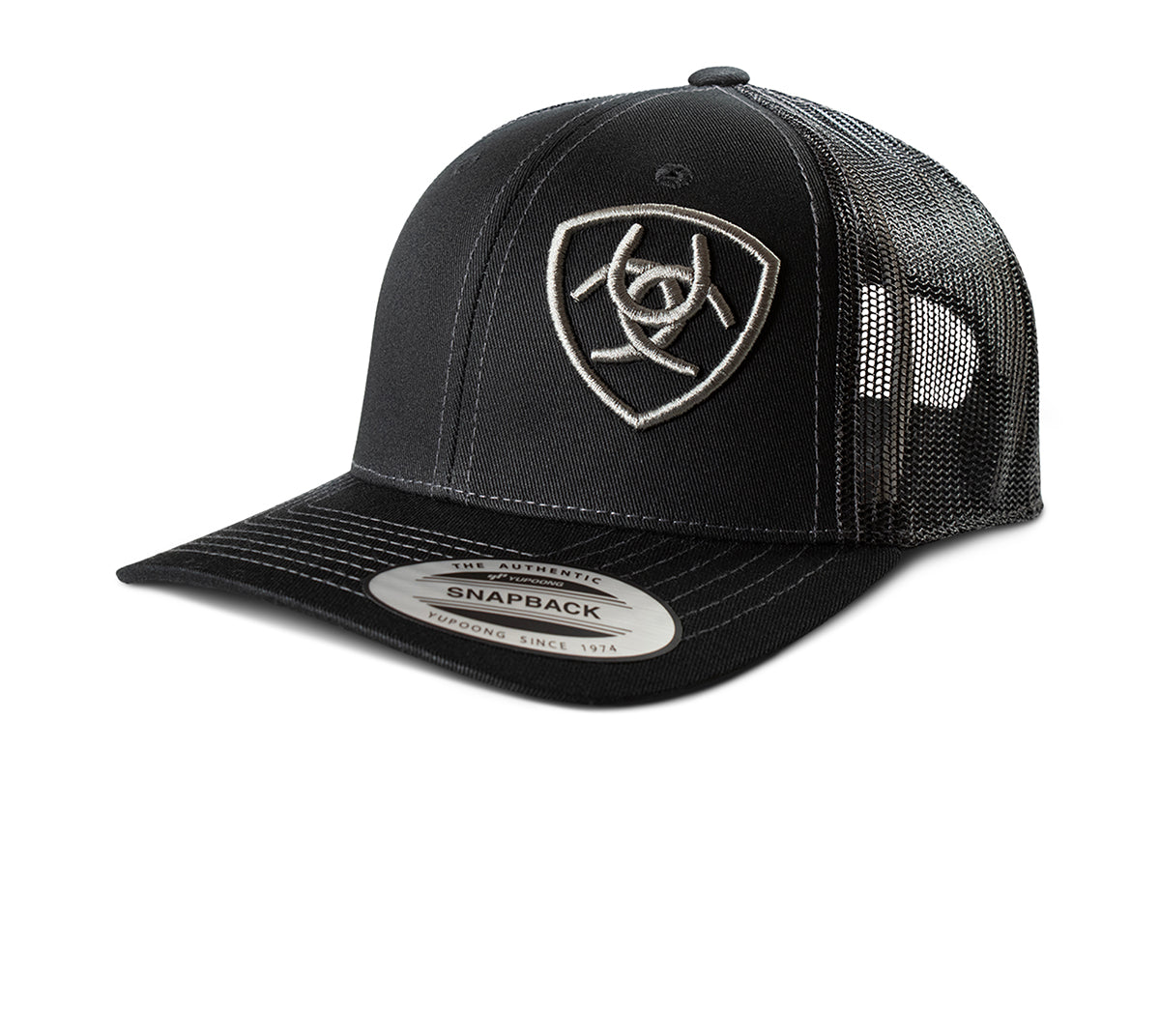 Ariat 1518101 men's black snapback cap with raised silver Ariat shield logo and black mesh back, front view
