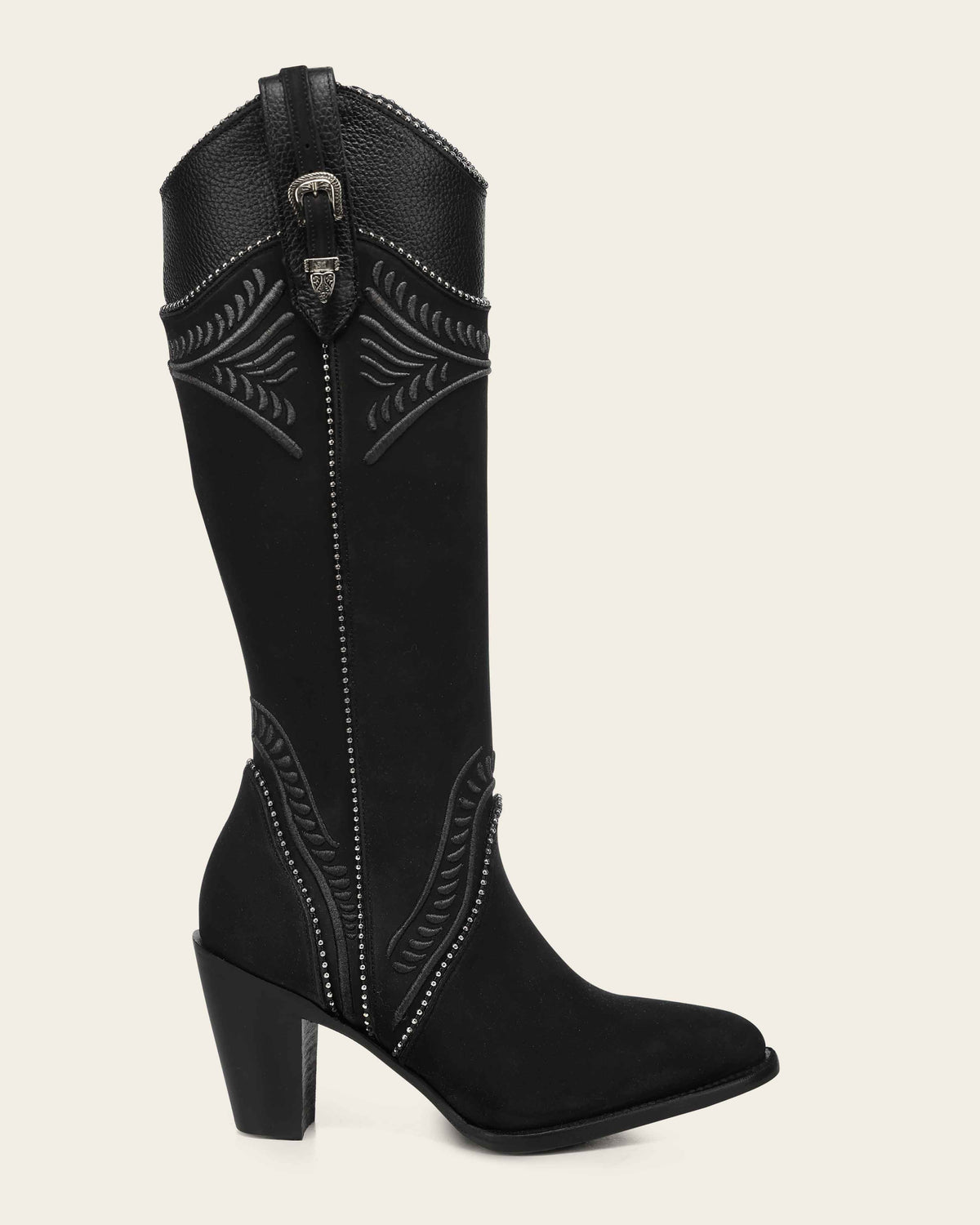 Cuadra CC476 black knee-high boot, side profile showing the embroidered shaft