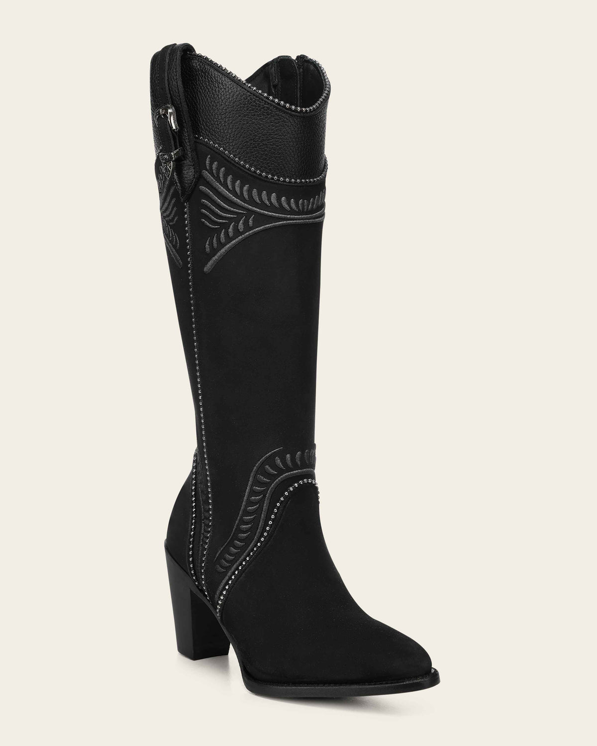 Cuadra CC476 women's black leather knee-high boot with embroidery and side zipper, three-quarter view