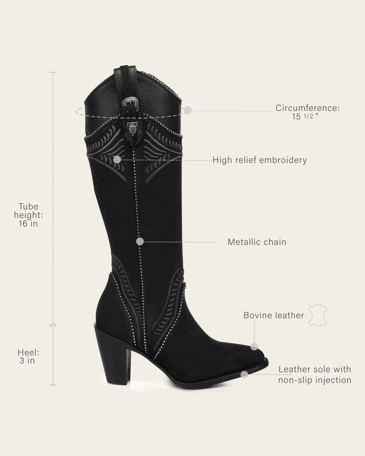 Cuadra CC476 black embroidered knee-high boot, isometric view