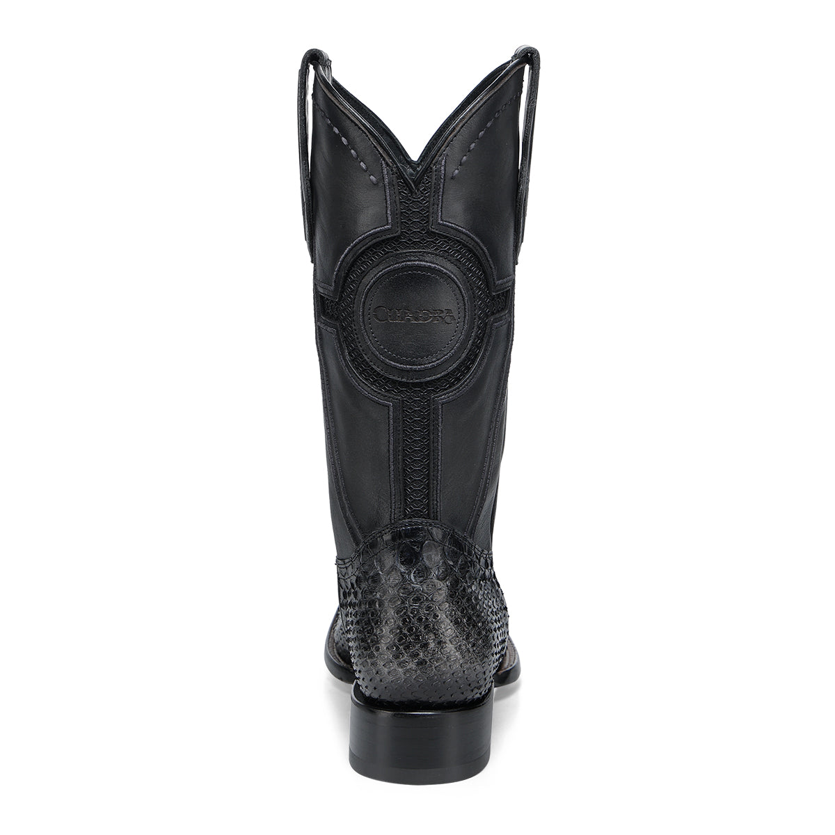 Cuadra CC288-L python cowboy boot, back view with embossed Cuadra medallion