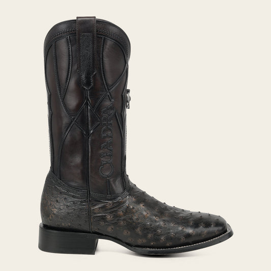 Side view of the Cuadra CC352 gold and chocolate ostrich square toe boot