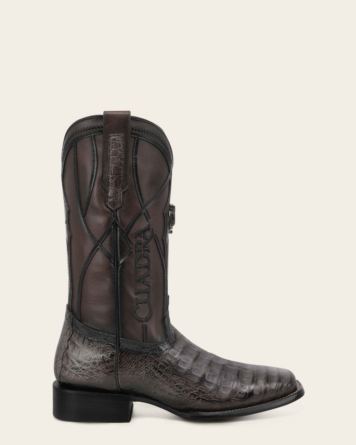 Side view of the Cuadra CC353 grey caiman square toe boot