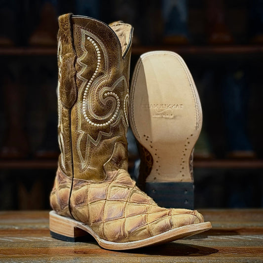 Tanner Mark TM0718 Montgomery men's monster fish print boots in ginger brandy with Volcano orix tan top, Stockman square toe