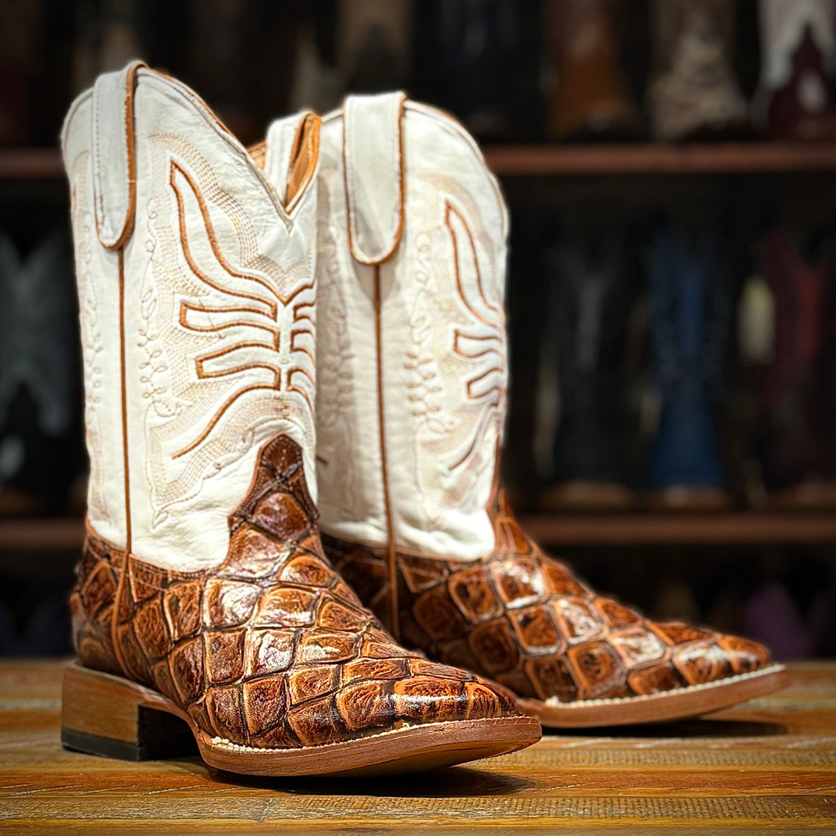 Tanner Mark youth Arnold cowboy boots TMY205206 in cognac monster fish print with ice white shaft and square toe