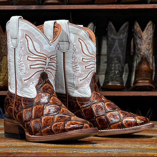 Tanner Mark Arnold cognac monster fish print cowboy boots TMY205206, front view of the white embroidered shaft
