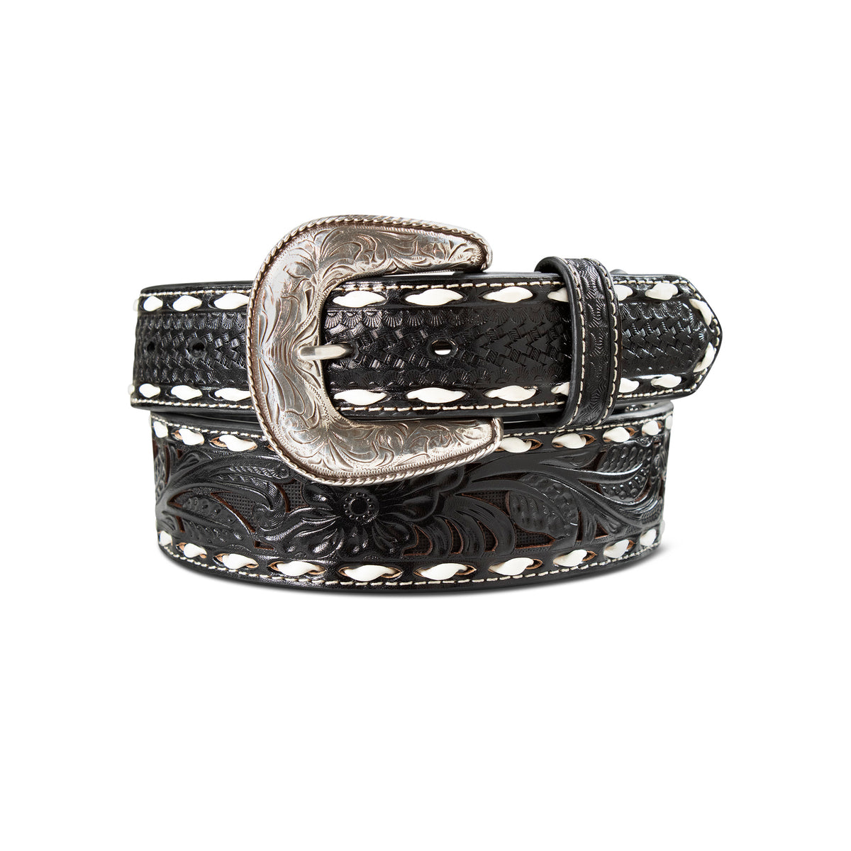 Ariat A1033001 men's black tapered western belt with floral tooling, white lacing and removable silver buckle