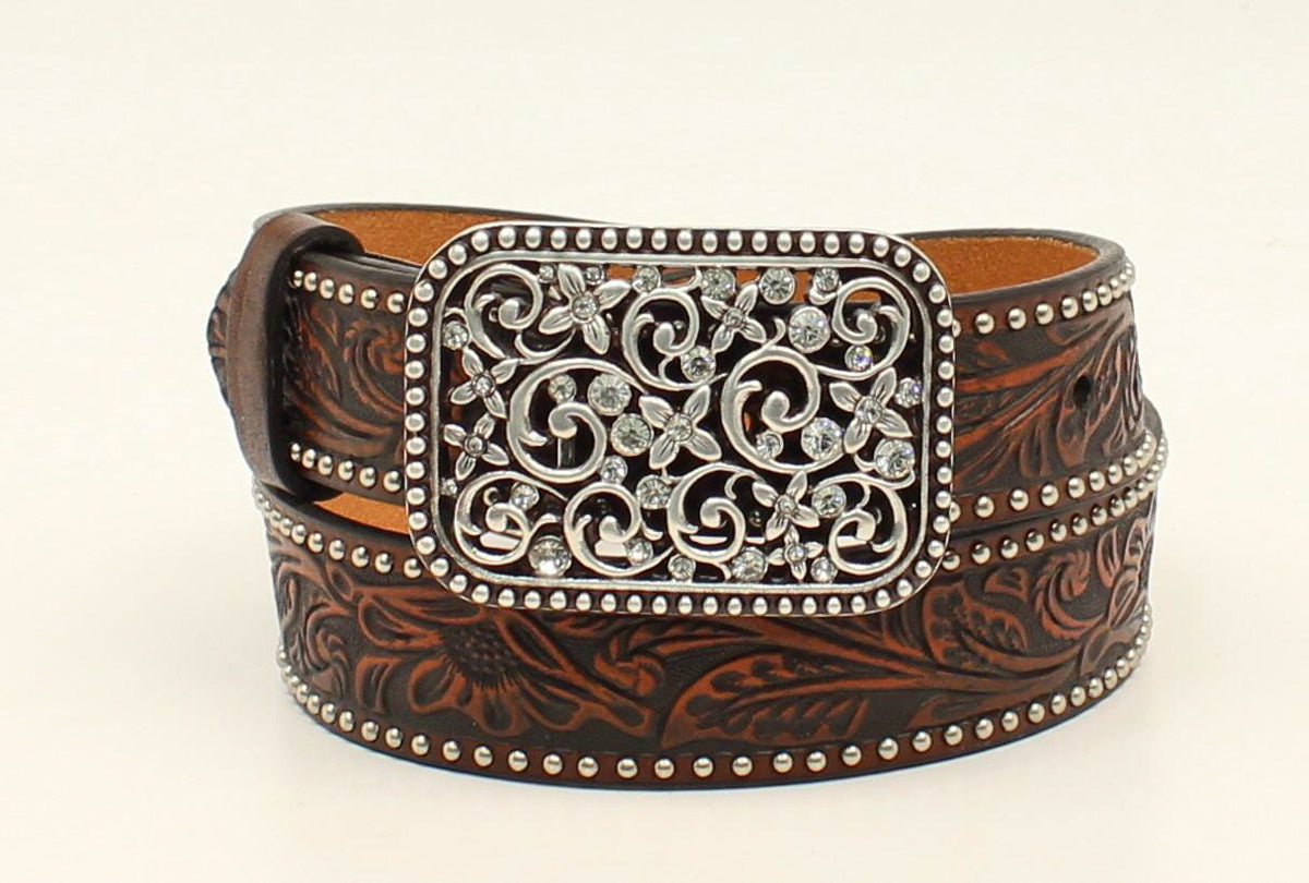 Ariat A1303602 girls' brown leather belt with removable silver filigree buckle