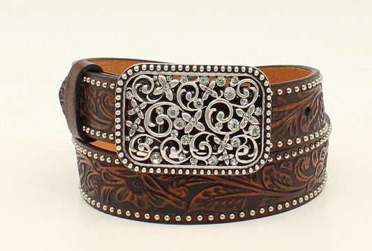 Ariat A1303602 girls' brown leather belt with removable silver filigree buckle