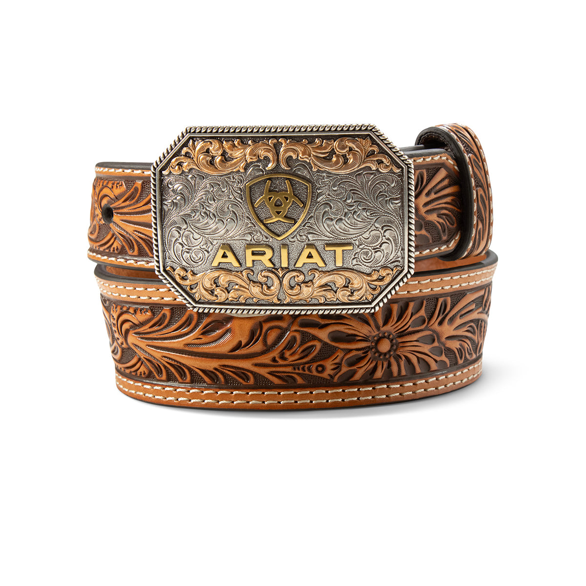 Ariat A1309108 kids' tan floral tooled western belt with removable silver buckle