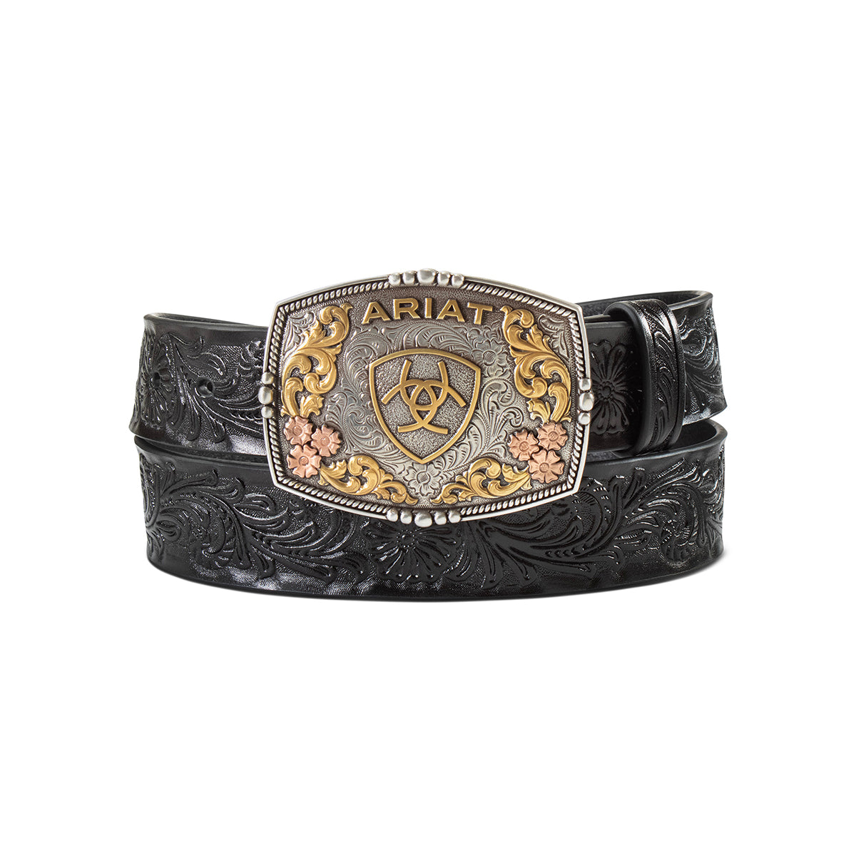 Ariat A1568101 women's black leather belt with engraved rectangular Ariat buckle