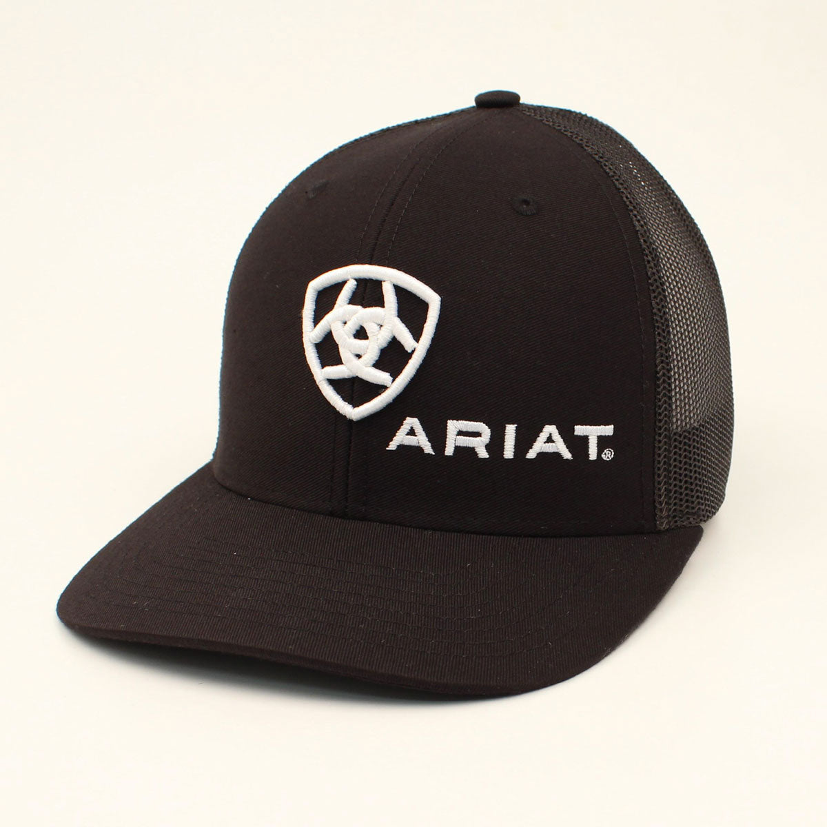 Ariat A300003001 men's black snapback cap with embroidered Ariat shield logo and black mesh back, front view