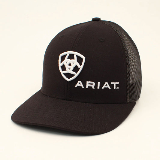 Ariat A300003001 men's black snapback cap with embroidered Ariat shield logo and black mesh back, front view