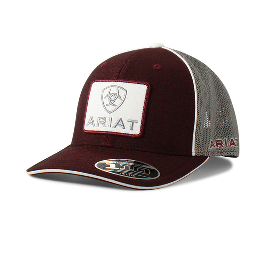 Ariat A300004809 men's burgundy snapback cap with white Ariat shield logo patch, white piping and gray mesh back, front view