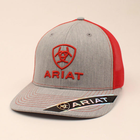 Ariat A300005104 men's heather gray snapback cap with red embroidered Ariat shield logo and red mesh back, front view
