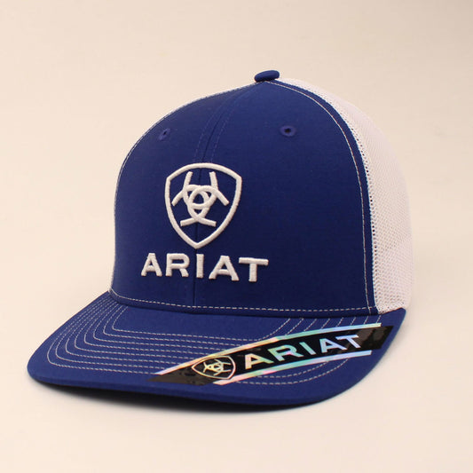 Ariat A300005227 men's royal blue snapback cap with white embroidered Ariat shield logo and white mesh back, front view