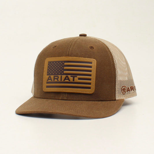Ariat A300008902 men's brown snapback cap with American flag leather patch and tan mesh back, front view