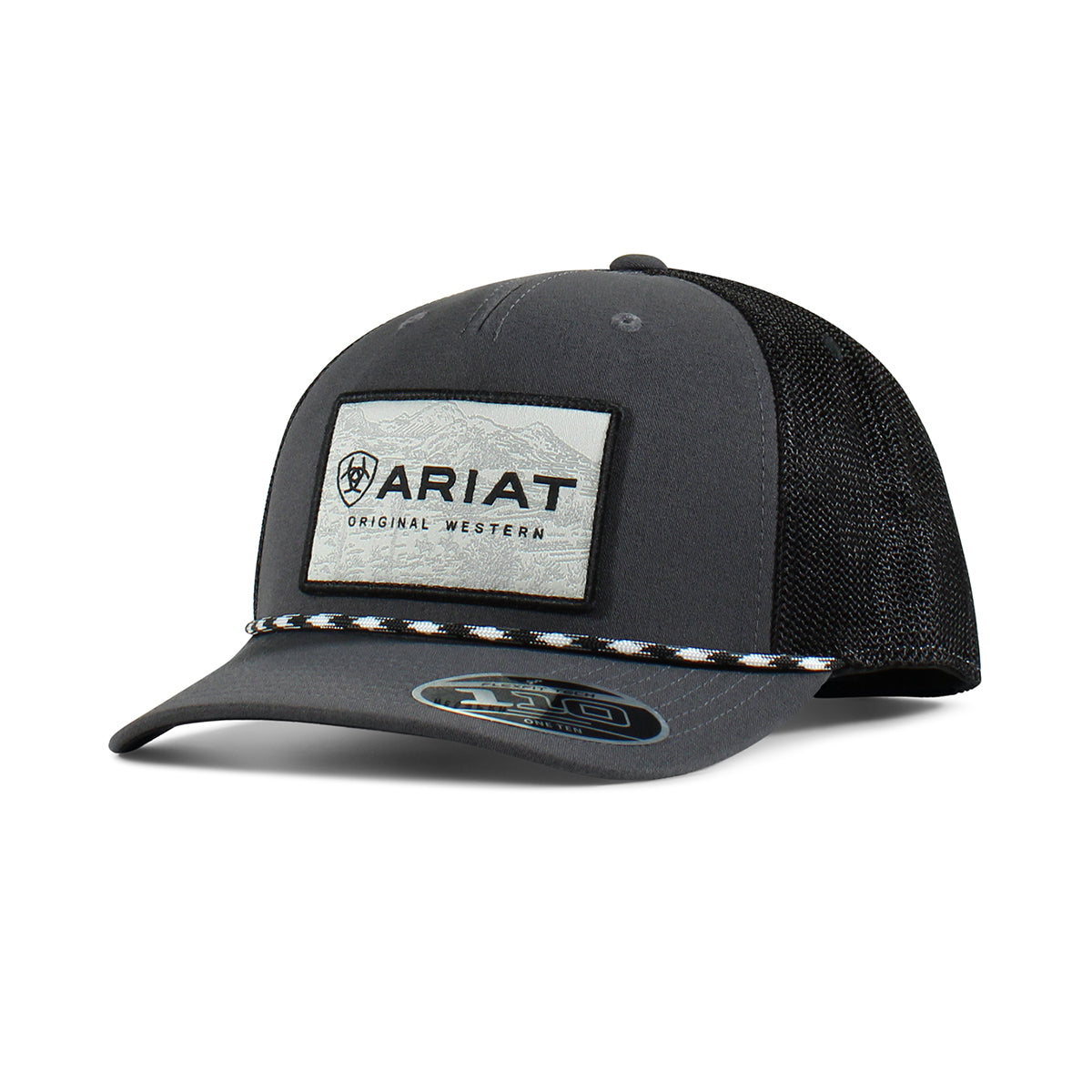 Ariat A300019001 men's charcoal snapback cap with woven Ariat logo patch, rope visor trim and black mesh back, front view