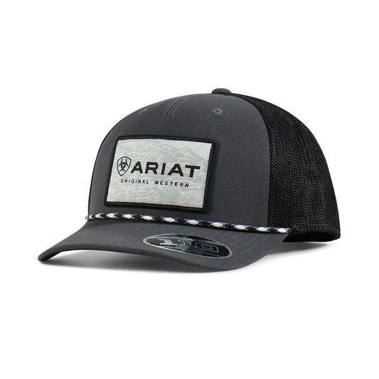 Ariat A300019001 men's charcoal snapback cap with woven Ariat logo patch, rope visor trim and black mesh back, front view