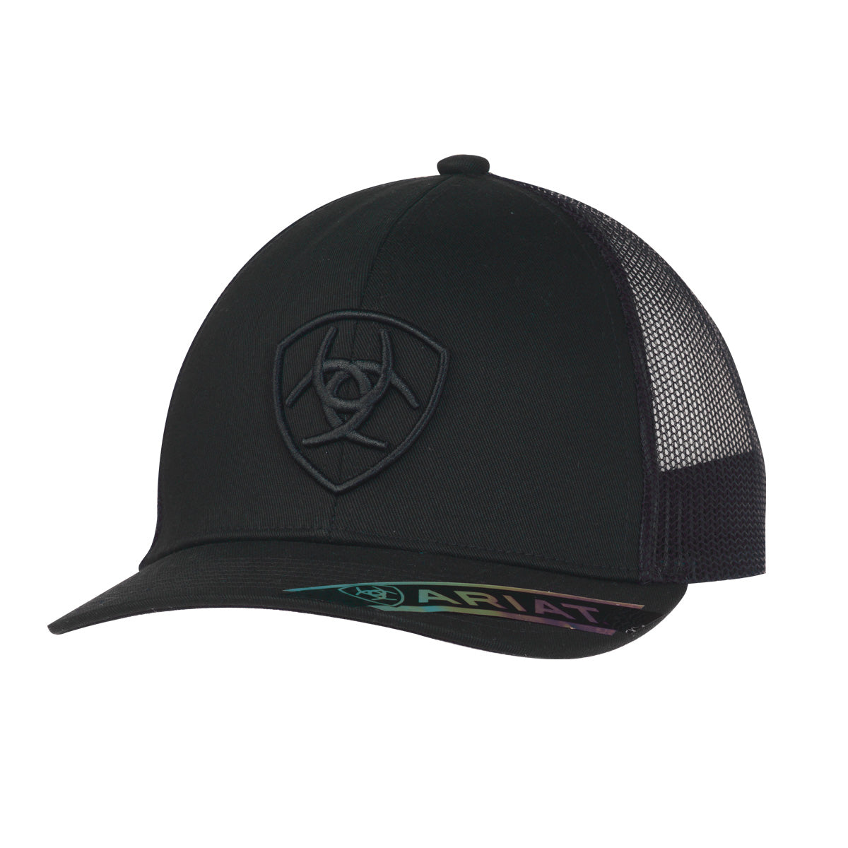 Ariat A300053001 men's all-black snapback cap with tonal embroidered Ariat shield logo and black mesh back, front view
