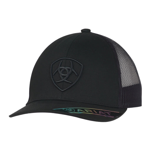 Ariat A300053001 men's all-black snapback cap with tonal embroidered Ariat shield logo and black mesh back, front view