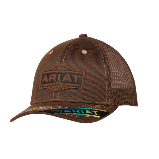 Ariat A300062902 men's brown oilskin snapback cap with tonal Ariat diamond logo patch and brown mesh back, front view