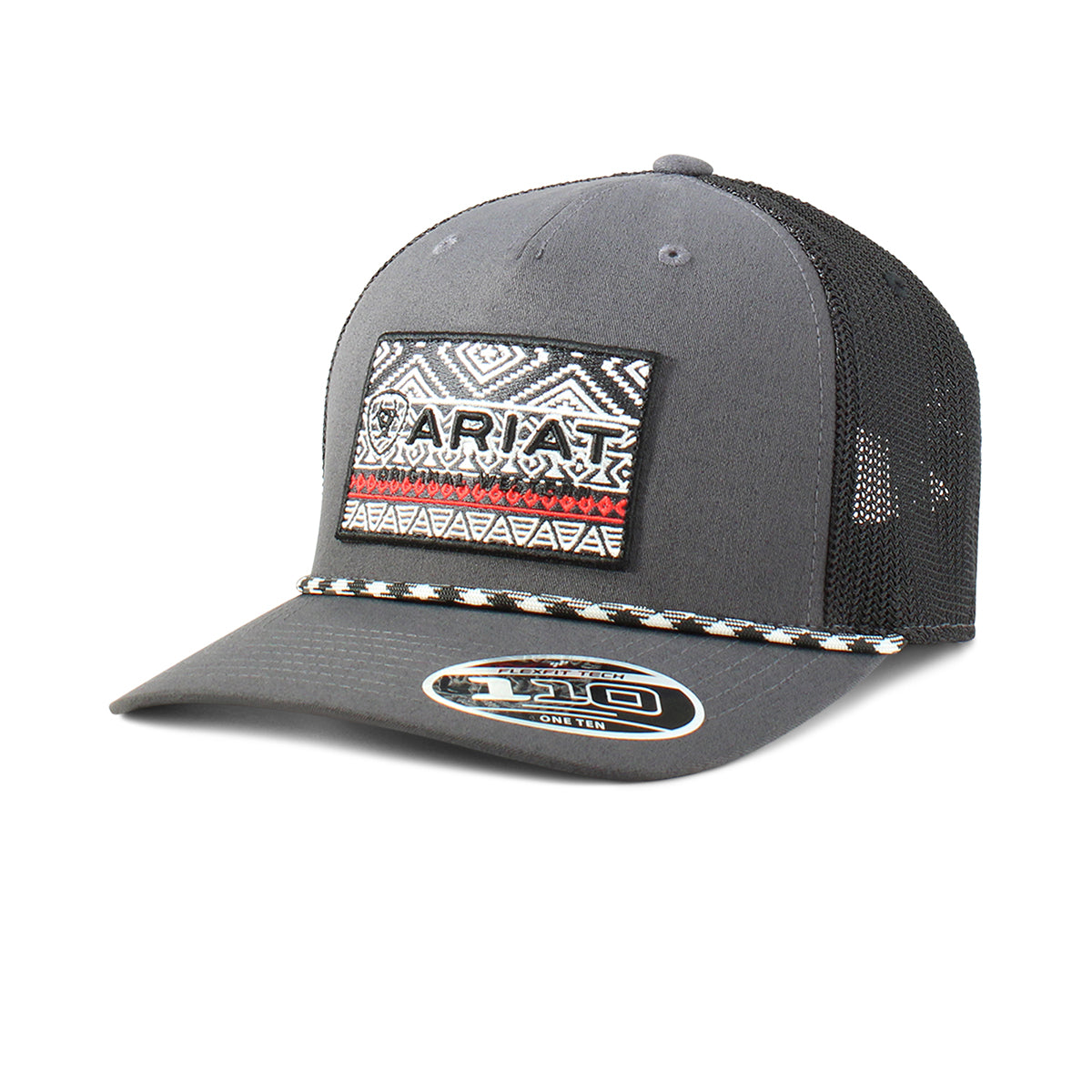 Ariat A300064906 men's gray snapback cap with Southwest print Ariat patch, rope visor trim and black mesh back, front view