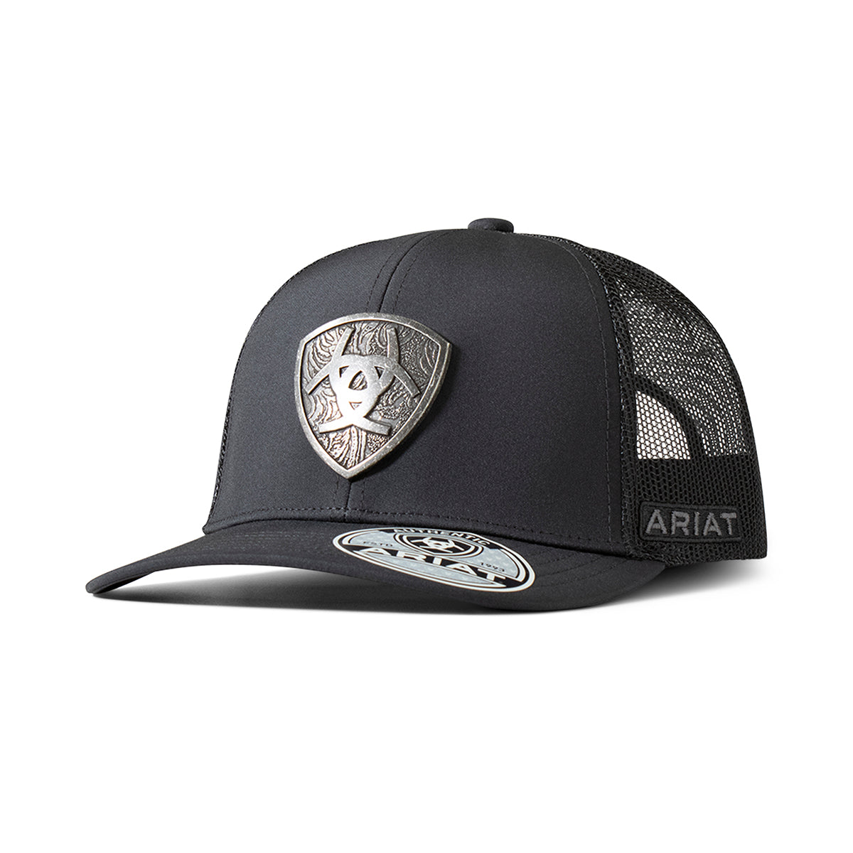 Ariat A300085601 men's black snapback cap with engraved silver metal Ariat shield patch and black mesh back, front view
