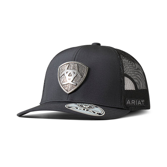 Ariat A300085601 men's black snapback cap with engraved silver metal Ariat shield patch and black mesh back, front view