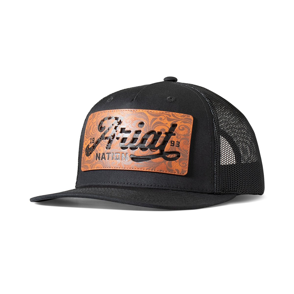 Ariat A300086201 men's black snapback cap with brown leather Ariat script patch and black mesh back, front view
